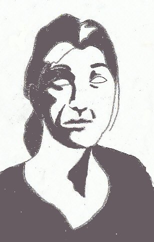 Contour drawing of a woman's head toned to light and dark values with a mistake to be corrected.