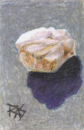 Oil pastel study of a white quartz rock and its shadow on a blue-gray background.